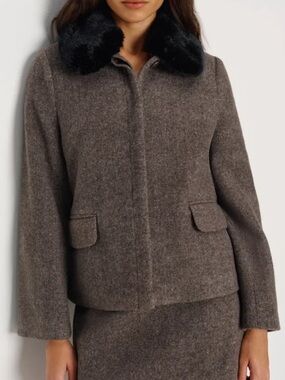 Reformation Brown Wool Blend Blazer with Black Faux Fur Collar